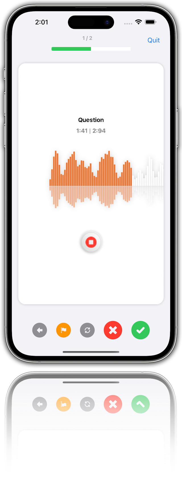 This is a photo of a phone screen with an audio recording app open. The app is white with a green header and a red record button in the center. The app is displaying a waveform of the audio recording. The waveform is orange and gray. The app is in the middle of a recording, as indicated by the red record button and the timer at the top. The phone is an iPhone with a white background.