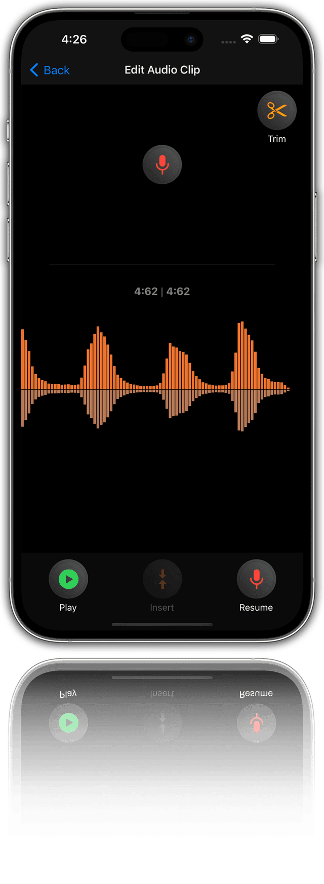 Screenshot of Recording Screen This is a screenshot of an audio editing screen. The app is in dark mode and the screen is mostly black with orange and white accents. The app is in the “Edit Audio Clip” screen. The screen shows a waveform of the audio clip. The waveform is orange in color. The screen has a “Trim” button on the top right corner. The screen has a “Play”, “Insert”, and “Resume” button on the bottom. The screen has a time stamp of “4:62 / 4:62” on the top center.