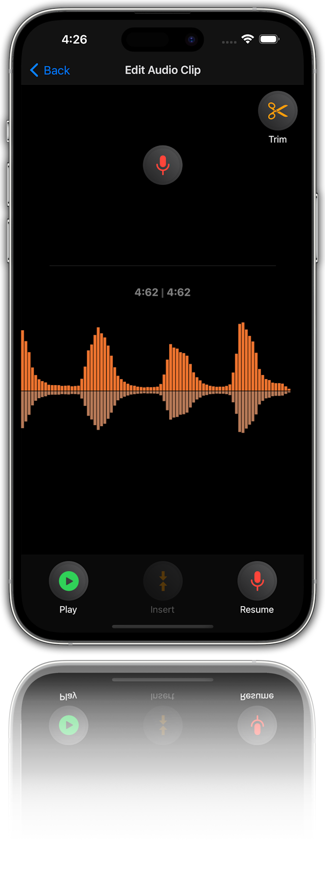 This is a screenshot of an audio editing screen. The app is in dark mode and the screen is mostly black with orange and white accents. The app is in the “Edit Audio Clip” screen. The screen shows a waveform of the audio clip. The waveform is orange in color. The screen has a “Trim” button on the top right corner. The screen has a “Play”, “Insert”, and “Resume” button on the bottom. The screen has a time stamp of “4:62 / 4:62” on the top center.