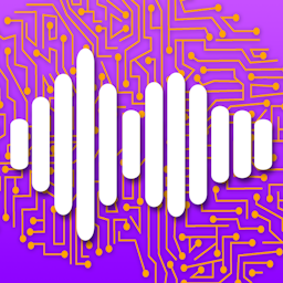 This is an abstract image of a sound wave on a purple background with a circuit board pattern. The sound wave is made up of vertical lines of varying heights and thicknesses.