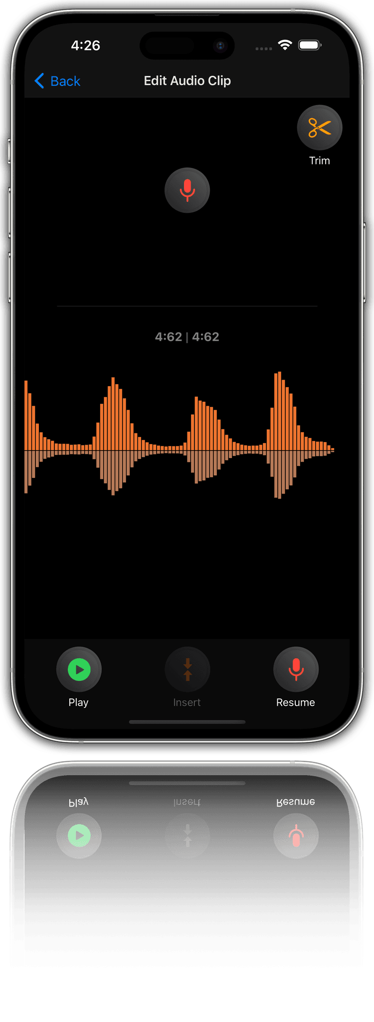 Screenshot of Recording Screen This is a screenshot of an audio editing screen. The app is in dark mode and the screen is mostly black with orange and white accents. The app is in the “Edit Audio Clip” screen. The screen shows a waveform of the audio clip. The waveform is orange in color. The screen has a “Trim” button on the top right corner. The screen has a “Play”, “Insert”, and “Resume” button on the bottom. The screen has a time stamp of “4:62 / 4:62” on the top center.